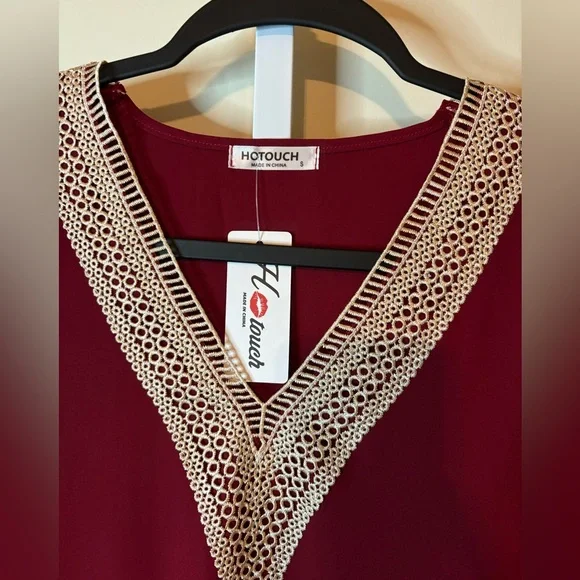 Small Wine colored Dress with Embroidered V-neck line - Picture 2 of 7